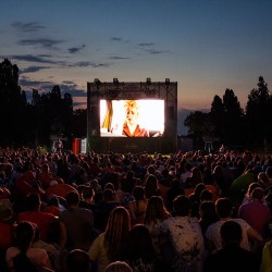 Movie-goers watching a film outdoors