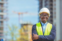Health and Safety Coordinator posing in front of a construction site