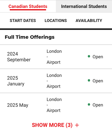 Offerings chart on Fanshawe program page showing program is open