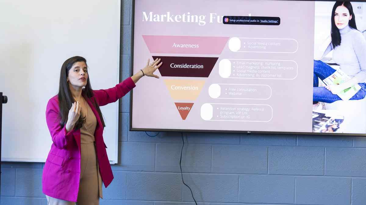 student does a presentation on the marketing funnel