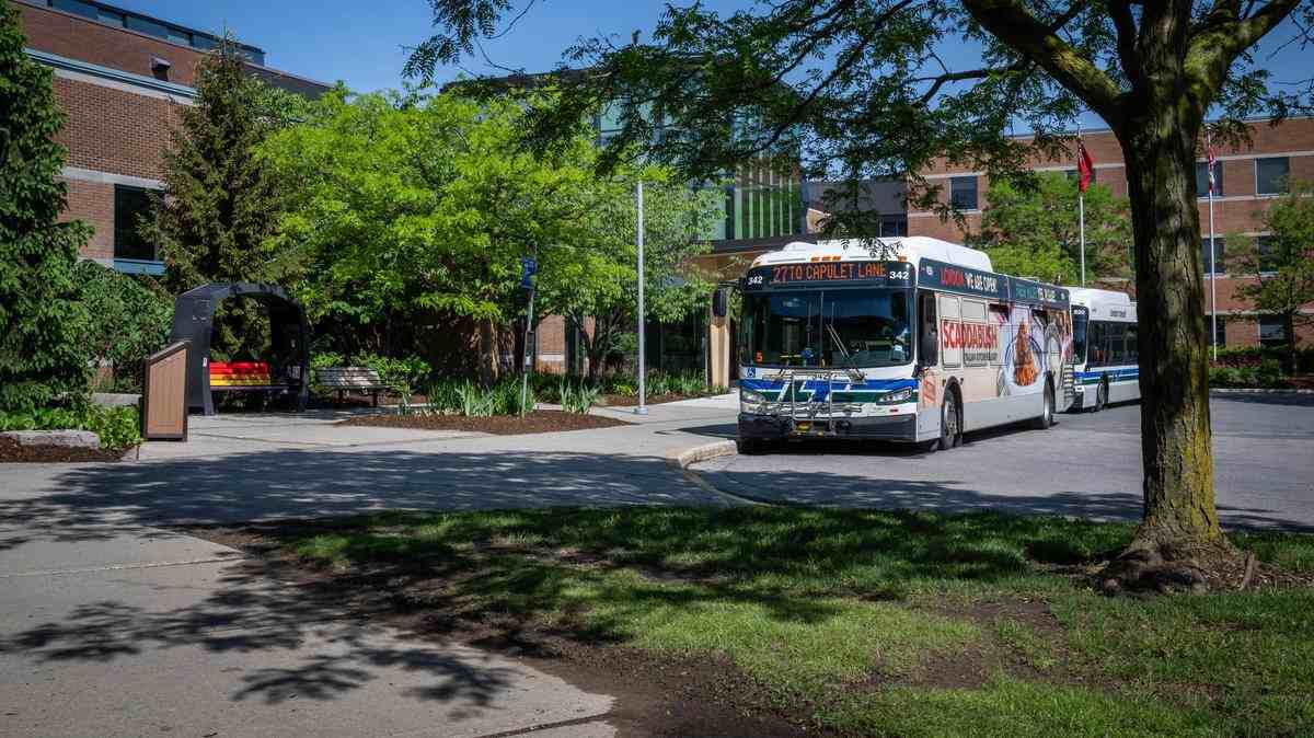 buses stop outside of Innovation Village at Fanshawe