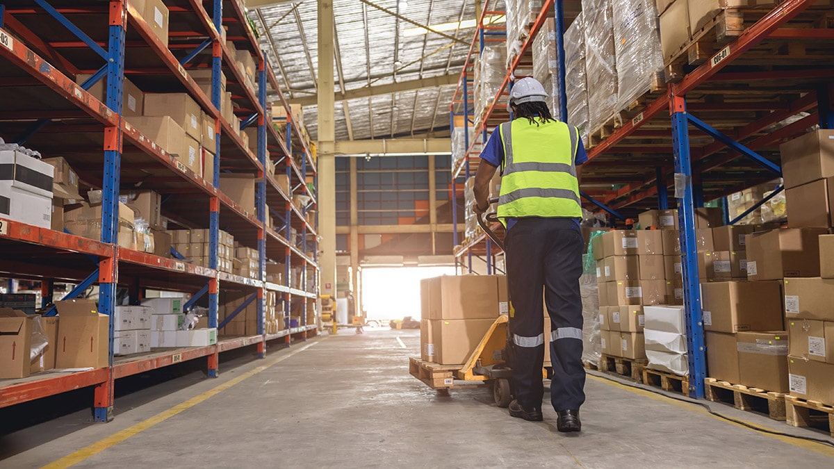 person pushing boxes on a cart in a warehouse